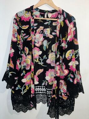 Black Floral Kimono XL Crochet Lace Trim Open Front Xhilaration 3/4 Sleeve